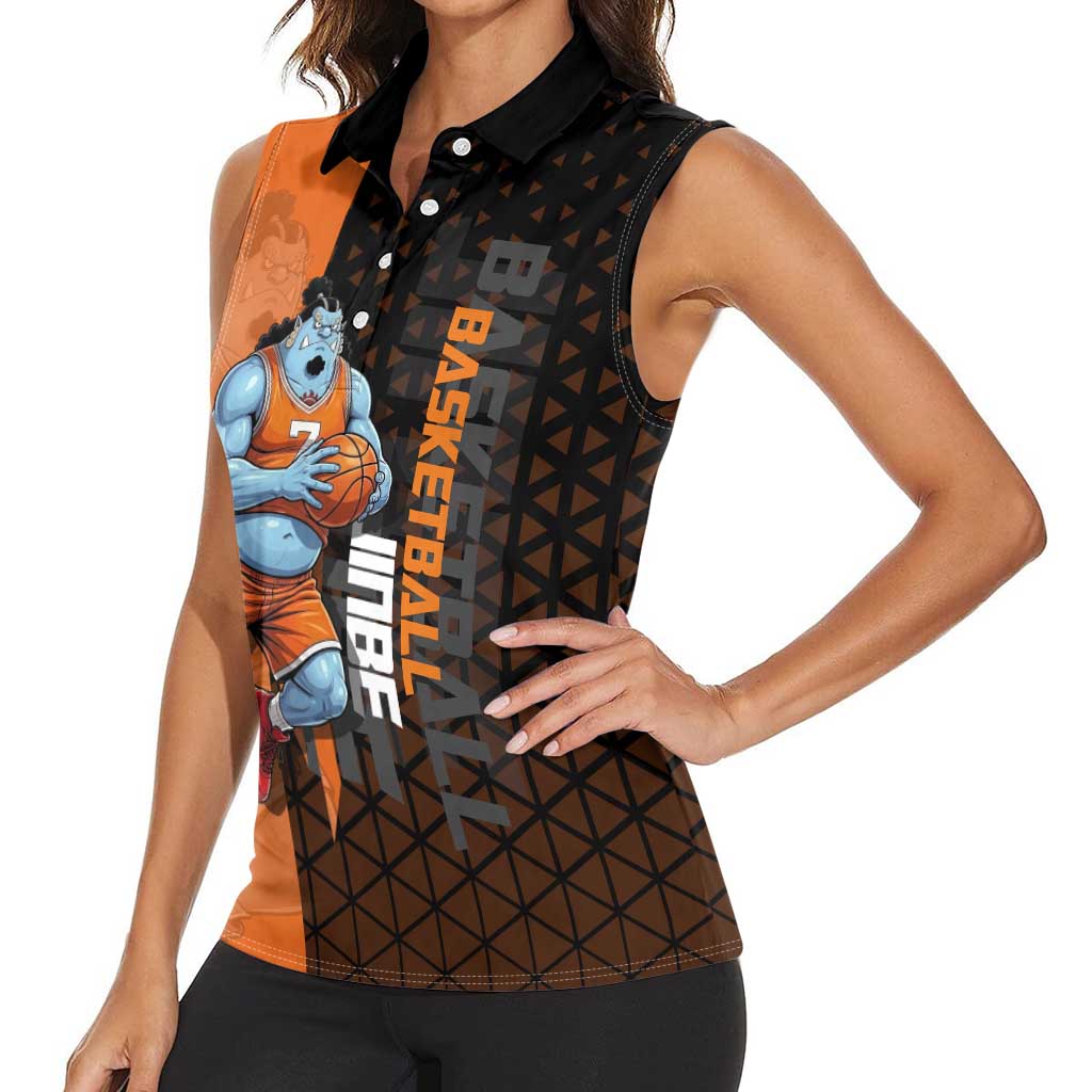 Jinbe One Piece Basketball Theme Orange and Black Design Women Sleeveless Polo Shirt with Powerful Pose and Sun Pirates Emblem - The Mazicc