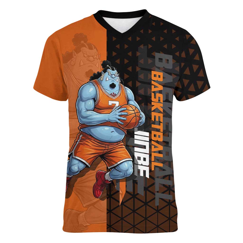 Jinbe One Piece Basketball Theme Orange and Black Design Women V-Neck T-Shirt with Powerful Pose and Sun Pirates Emblem - The Mazicc