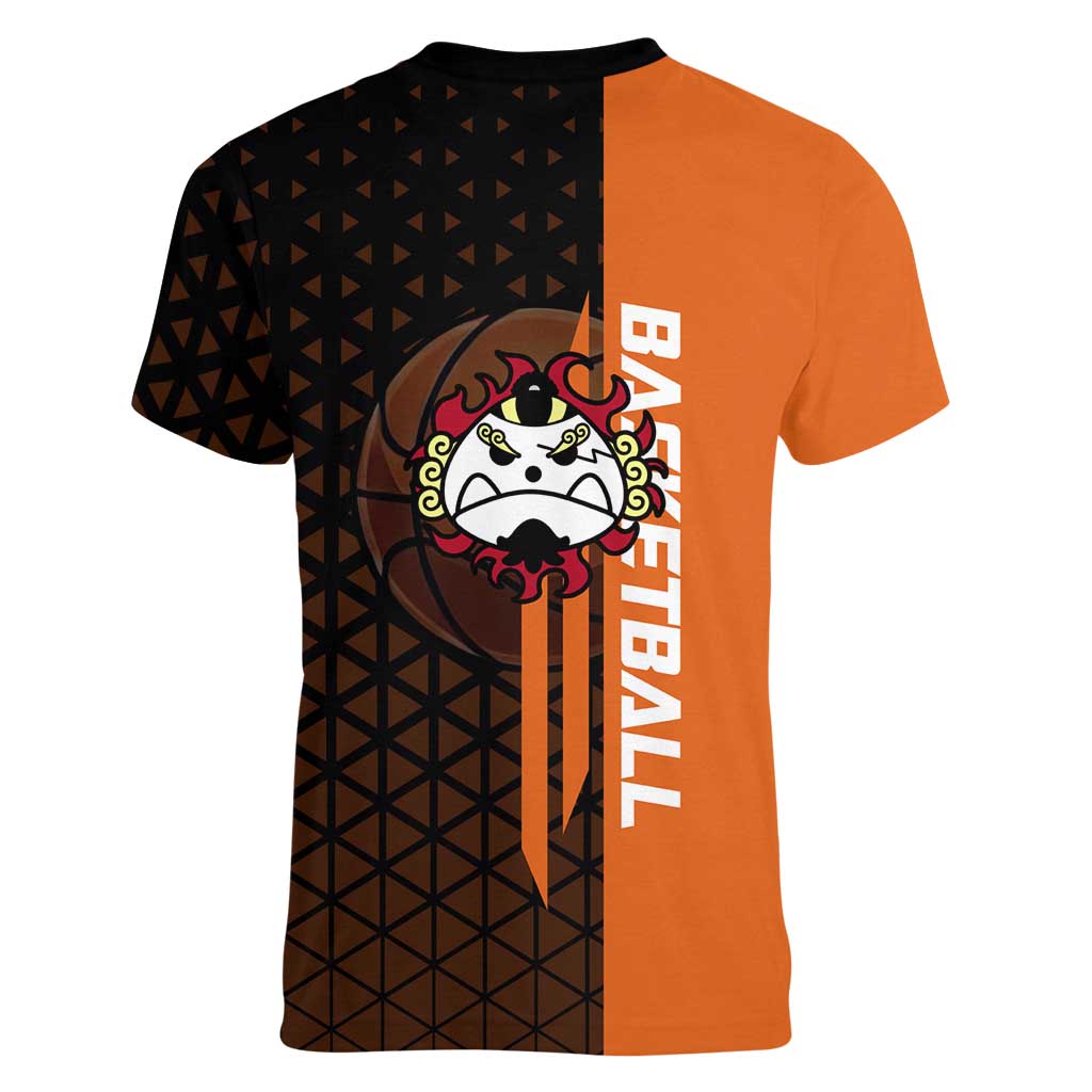 Jinbe One Piece Basketball Theme Orange and Black Design Women V-Neck T-Shirt with Powerful Pose and Sun Pirates Emblem - The Mazicc