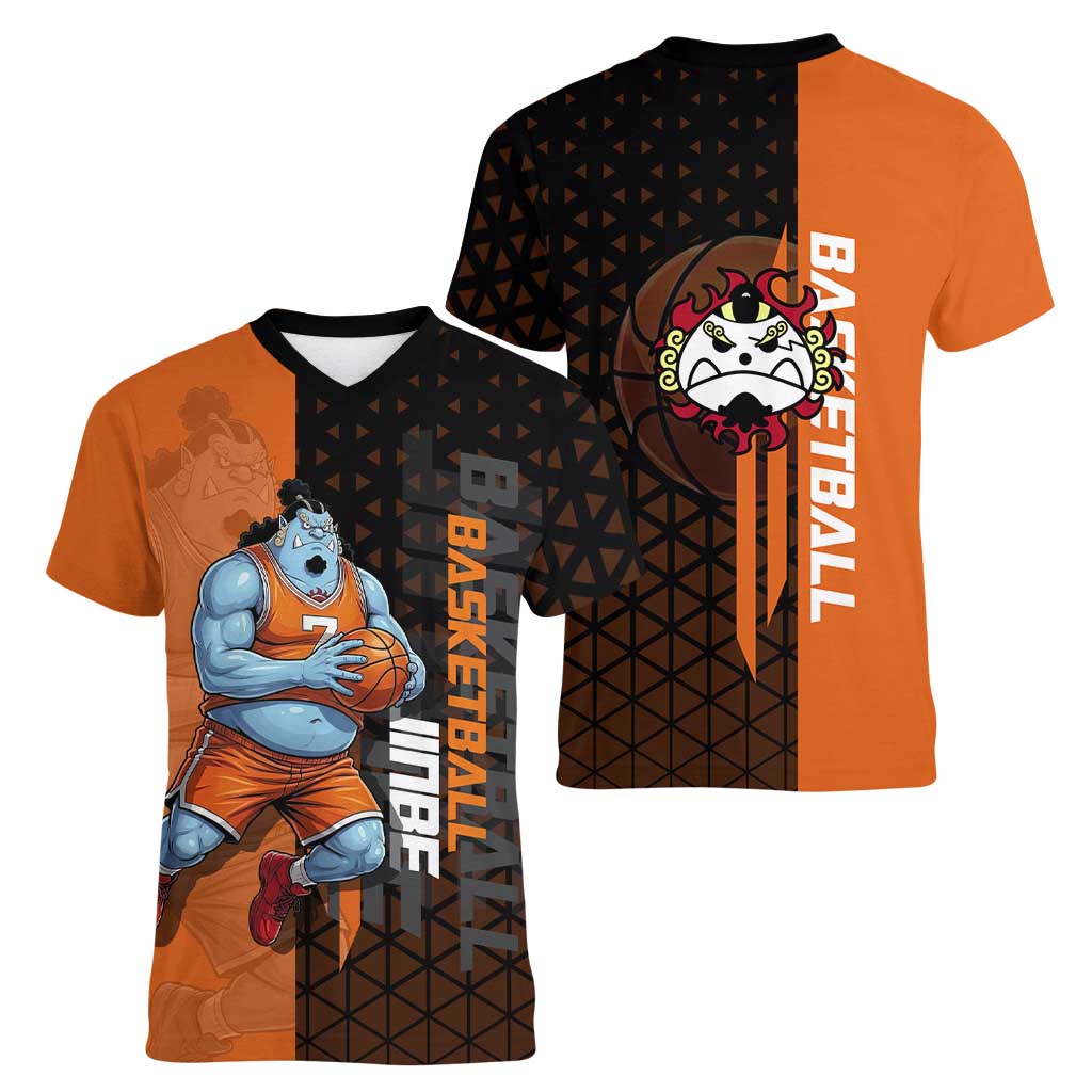 Jinbe One Piece Basketball Theme Orange and Black Design Women V-Neck T-Shirt with Powerful Pose and Sun Pirates Emblem - The Mazicc