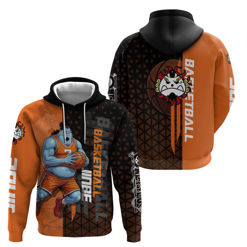 Jinbe One Piece Basketball Theme Orange and Black Design Zip Hoodie with Powerful Pose and Sun Pirates Emblem - The Mazicc