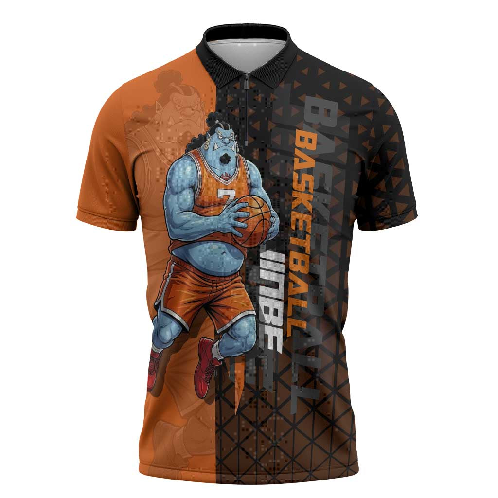Jinbe One Piece Basketball Theme Orange and Black Design Zipper Polo Shirt with Powerful Pose and Sun Pirates Emblem - The Mazicc