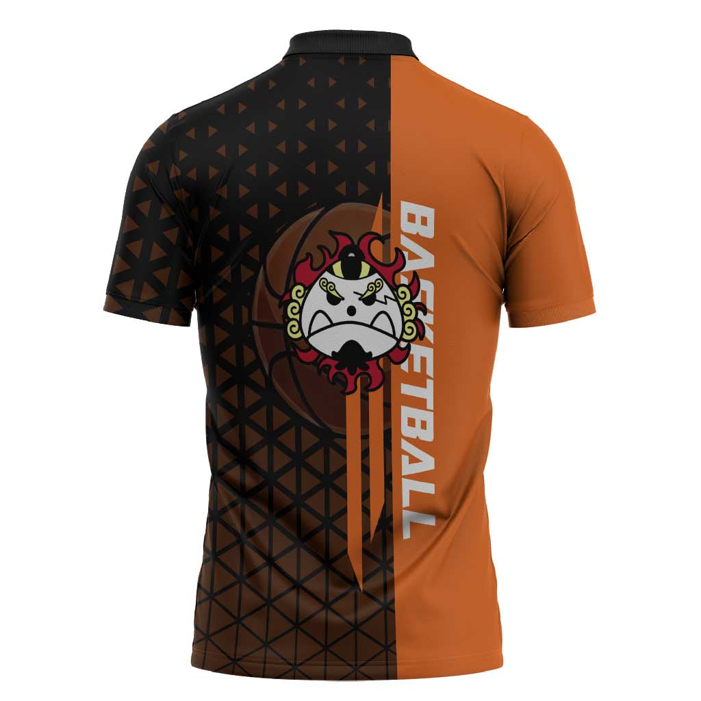 Jinbe One Piece Basketball Theme Orange and Black Design Zipper Polo Shirt with Powerful Pose and Sun Pirates Emblem - The Mazicc