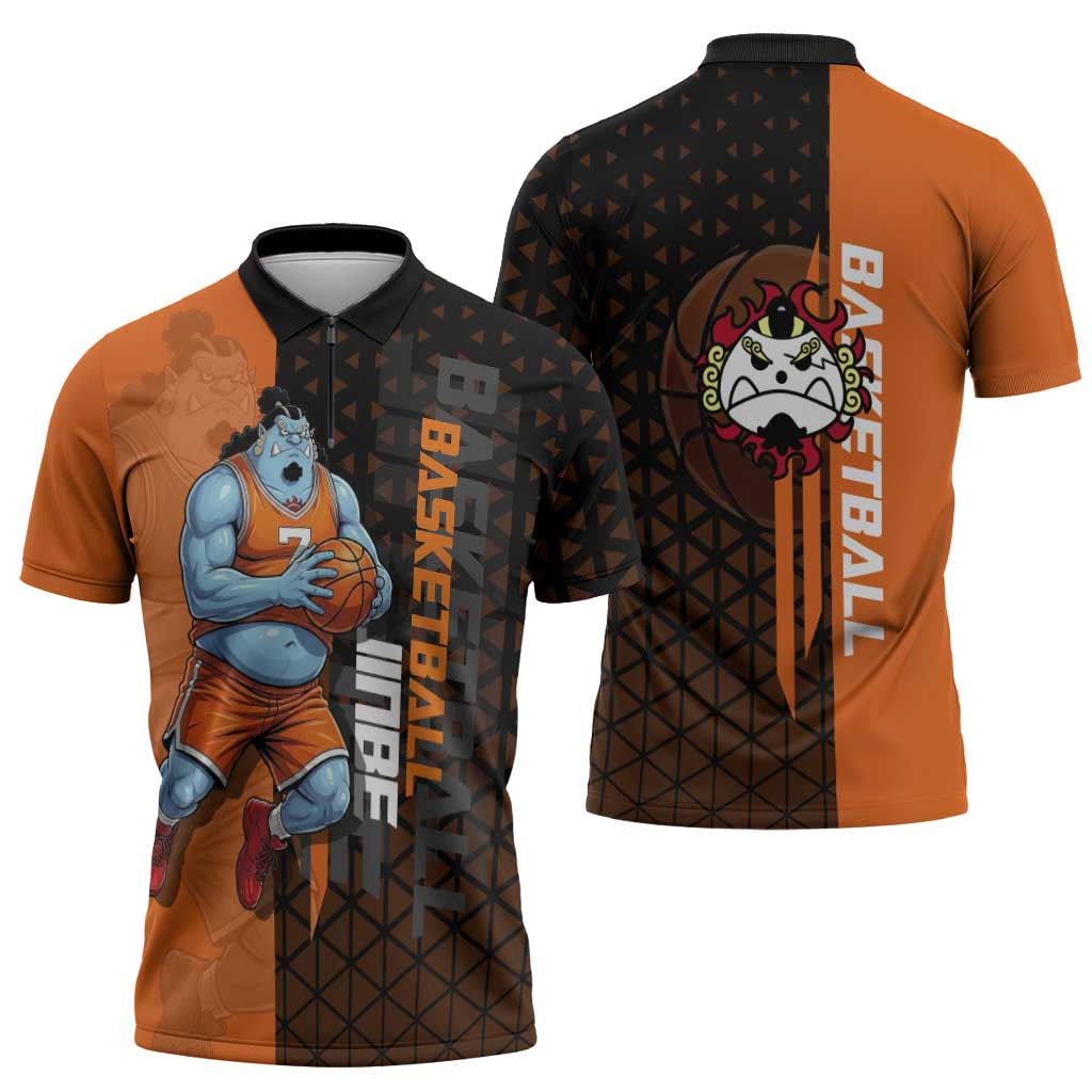 Jinbe One Piece Basketball Theme Orange and Black Design Zipper Polo Shirt with Powerful Pose and Sun Pirates Emblem - The Mazicc