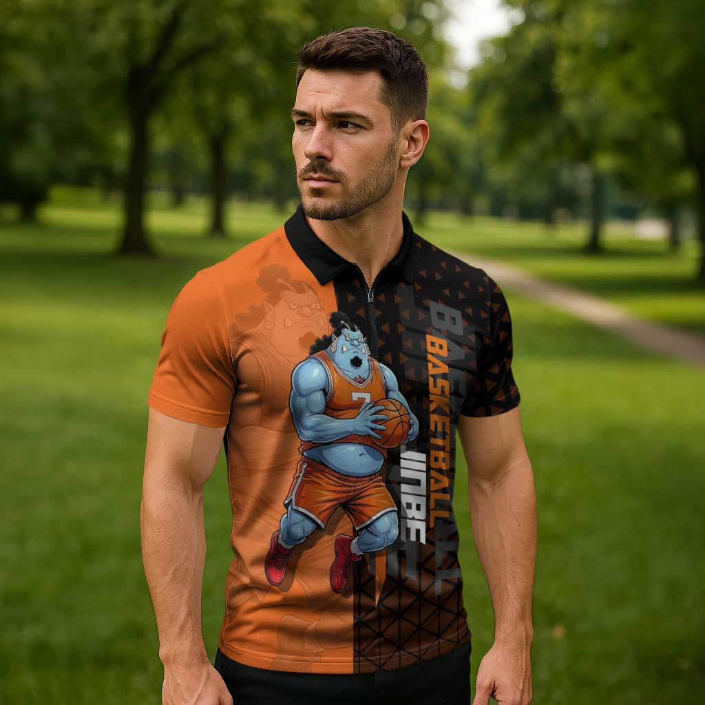 Jinbe One Piece Basketball Theme Orange and Black Design Zipper Polo Shirt with Powerful Pose and Sun Pirates Emblem - The Mazicc