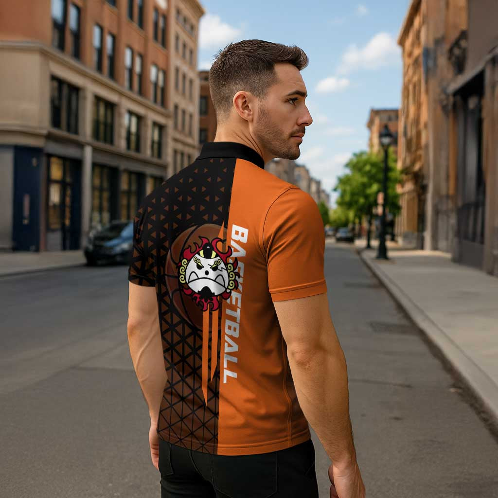 Jinbe One Piece Basketball Theme Orange and Black Design Zipper Polo Shirt with Powerful Pose and Sun Pirates Emblem - The Mazicc