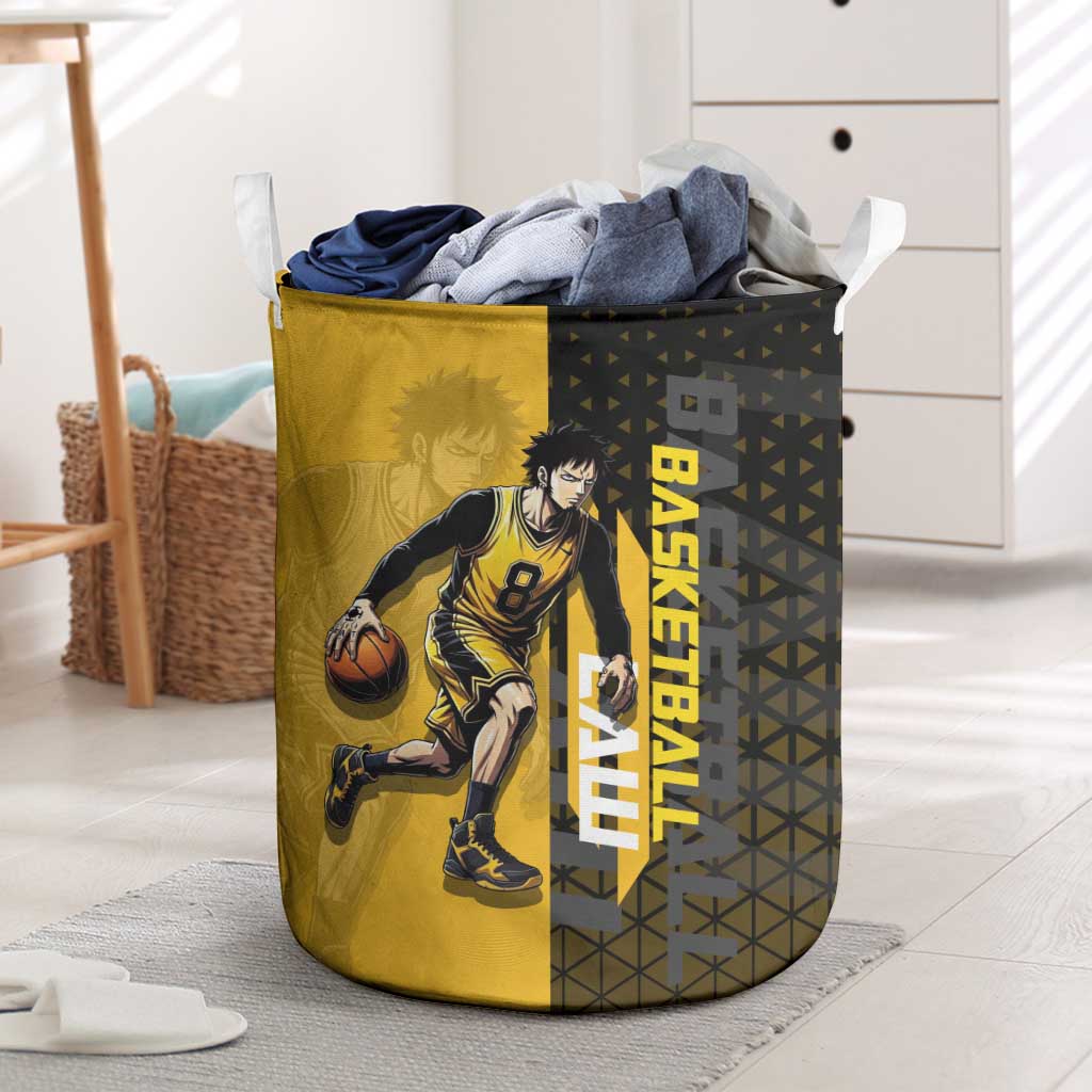 Trafalgar Law One Piece Basketball Theme Yellow and Black Design Laundry Basket with Heart Pirates Emblem and Action Pose - The Mazicc
