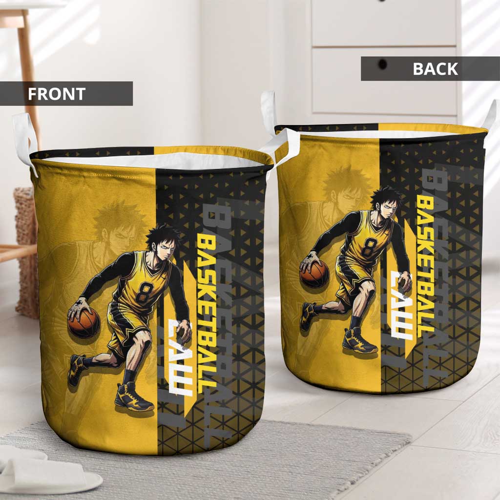 Trafalgar Law One Piece Basketball Theme Yellow and Black Design Laundry Basket with Heart Pirates Emblem and Action Pose - The Mazicc