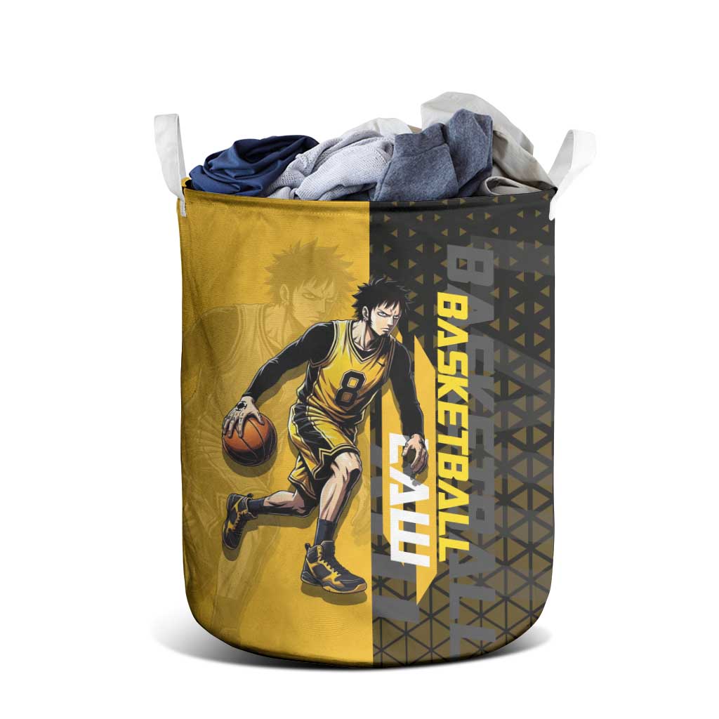 Trafalgar Law One Piece Basketball Theme Yellow and Black Design Laundry Basket with Heart Pirates Emblem and Action Pose - The Mazicc