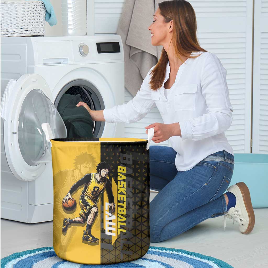 Trafalgar Law One Piece Basketball Theme Yellow and Black Design Laundry Basket with Heart Pirates Emblem and Action Pose - The Mazicc
