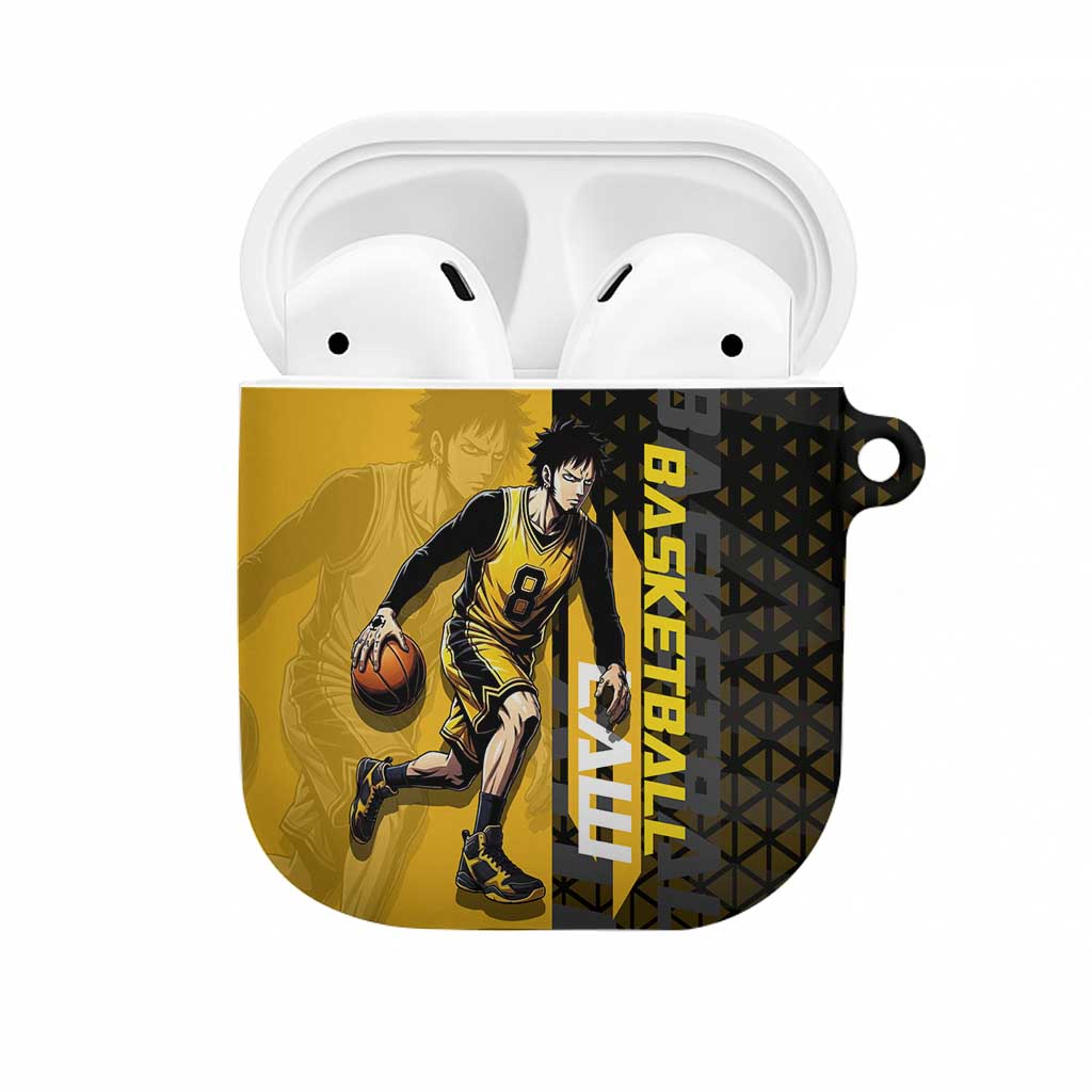 Trafalgar Law One Piece Basketball Theme Yellow and Black Design AirPods Case with Heart Pirates Emblem and Action Pose - The Mazicc