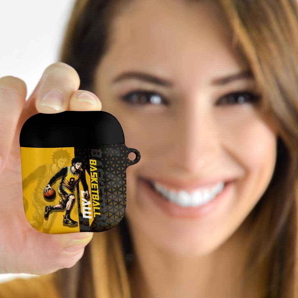 Trafalgar Law One Piece Basketball Theme Yellow and Black Design AirPods Case with Heart Pirates Emblem and Action Pose - The Mazicc