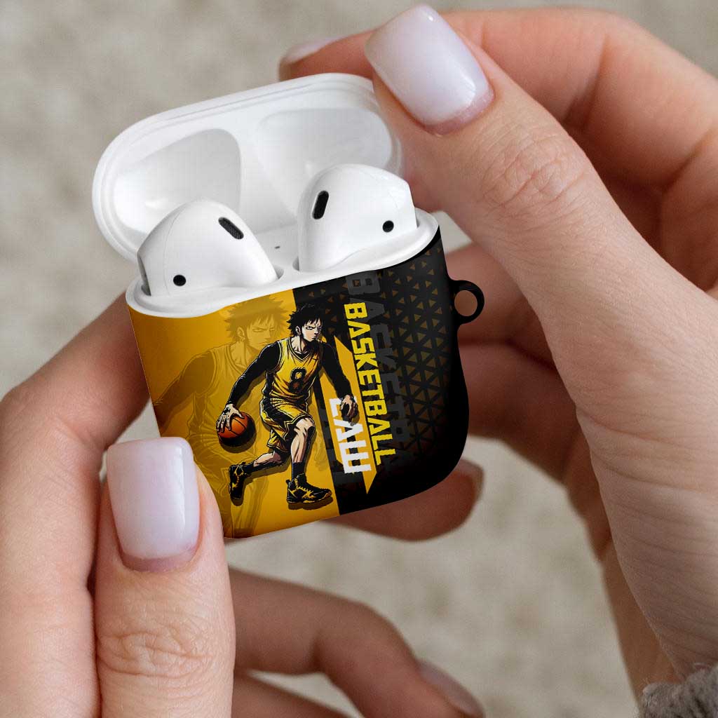 Trafalgar Law One Piece Basketball Theme Yellow and Black Design AirPods Case with Heart Pirates Emblem and Action Pose - The Mazicc