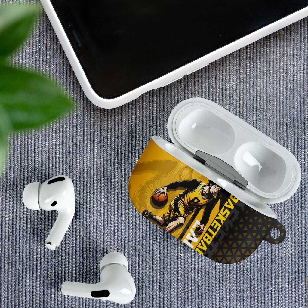 Trafalgar Law One Piece Basketball Theme Yellow and Black Design AirPods Case with Heart Pirates Emblem and Action Pose - The Mazicc