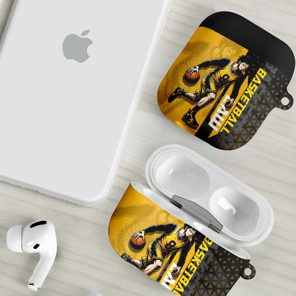 Trafalgar Law One Piece Basketball Theme Yellow and Black Design AirPods Case with Heart Pirates Emblem and Action Pose - The Mazicc