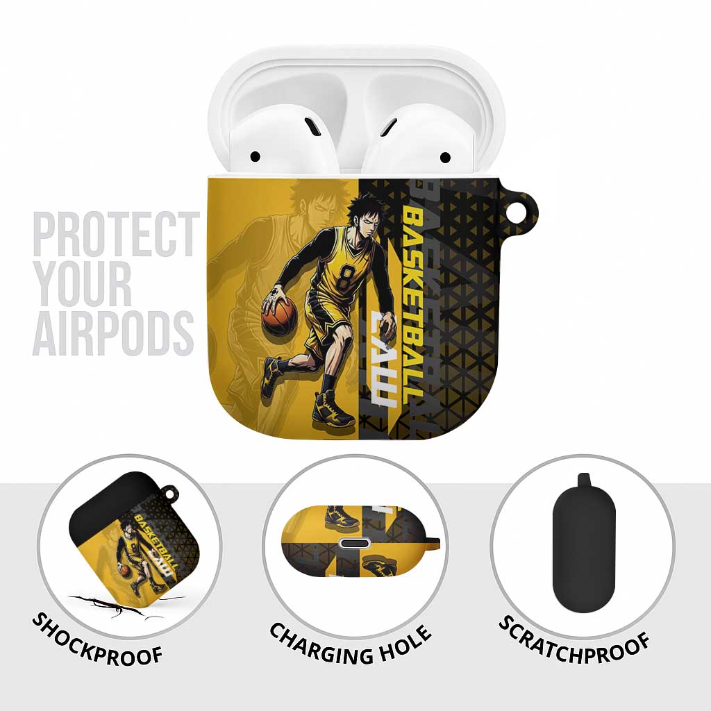 Trafalgar Law One Piece Basketball Theme Yellow and Black Design AirPods Case with Heart Pirates Emblem and Action Pose - The Mazicc