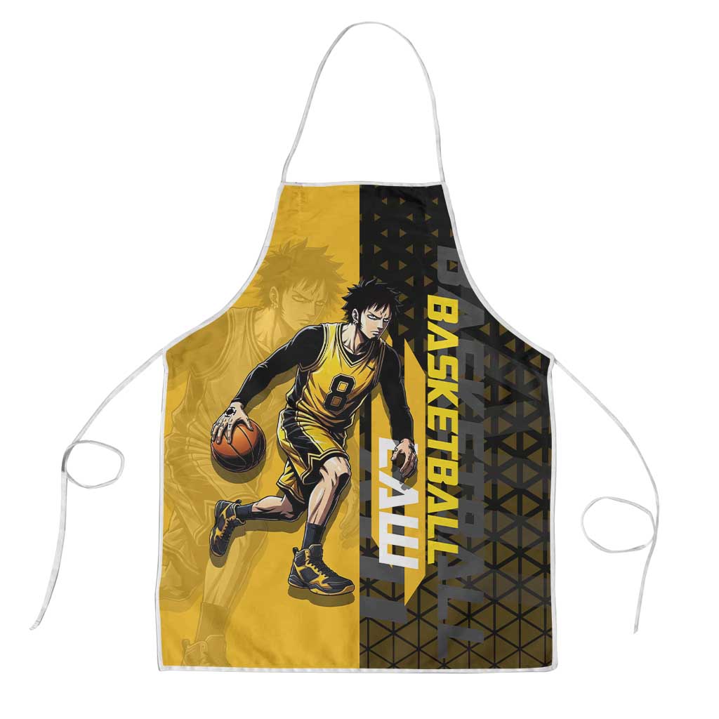 Trafalgar Law One Piece Basketball Theme Yellow and Black Design Apron with Heart Pirates Emblem and Action Pose - The Mazicc