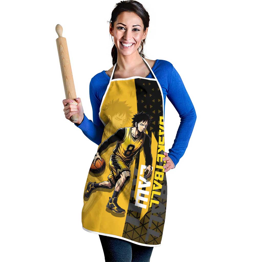Trafalgar Law One Piece Basketball Theme Yellow and Black Design Apron with Heart Pirates Emblem and Action Pose - The Mazicc