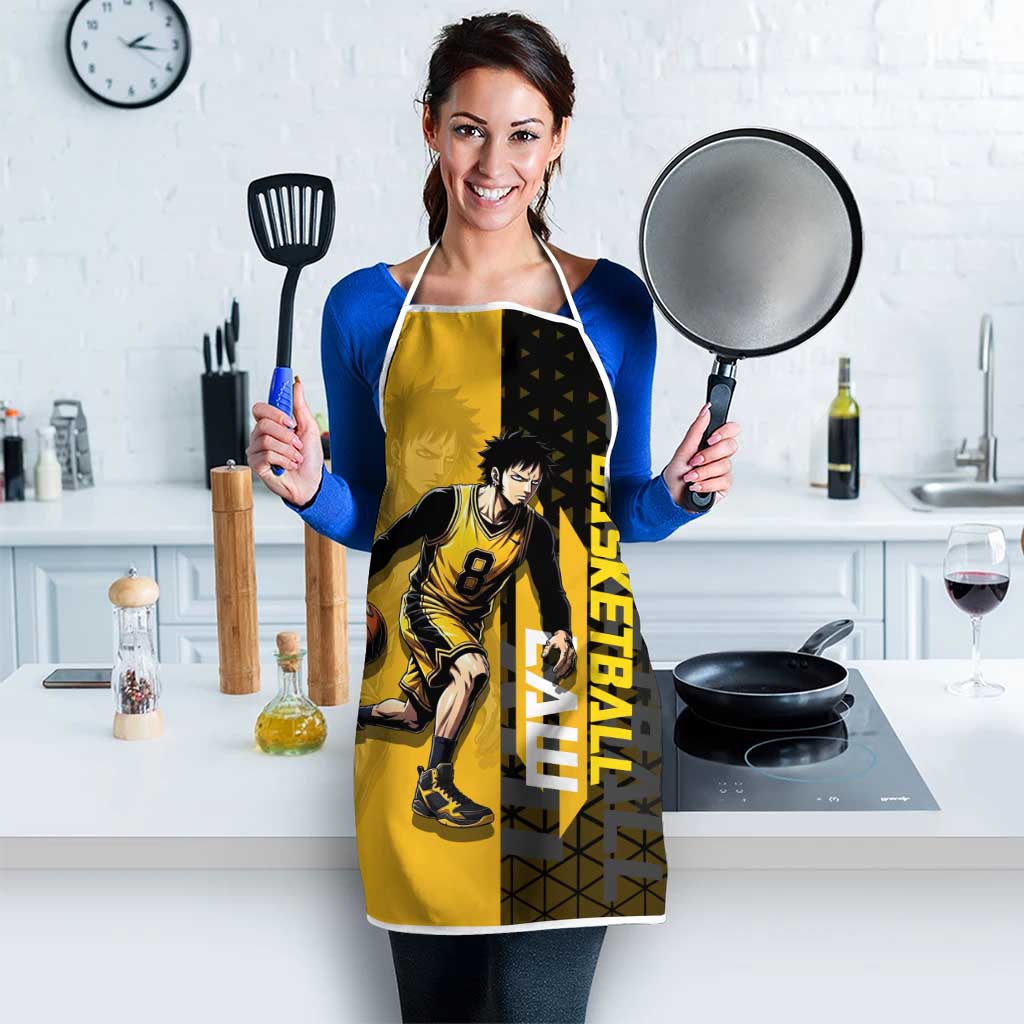 Trafalgar Law One Piece Basketball Theme Yellow and Black Design Apron with Heart Pirates Emblem and Action Pose - The Mazicc