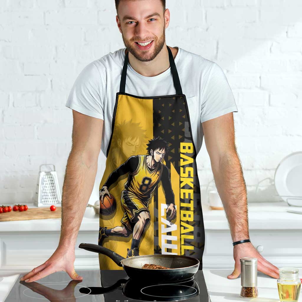 Trafalgar Law One Piece Basketball Theme Yellow and Black Design Apron with Heart Pirates Emblem and Action Pose - The Mazicc