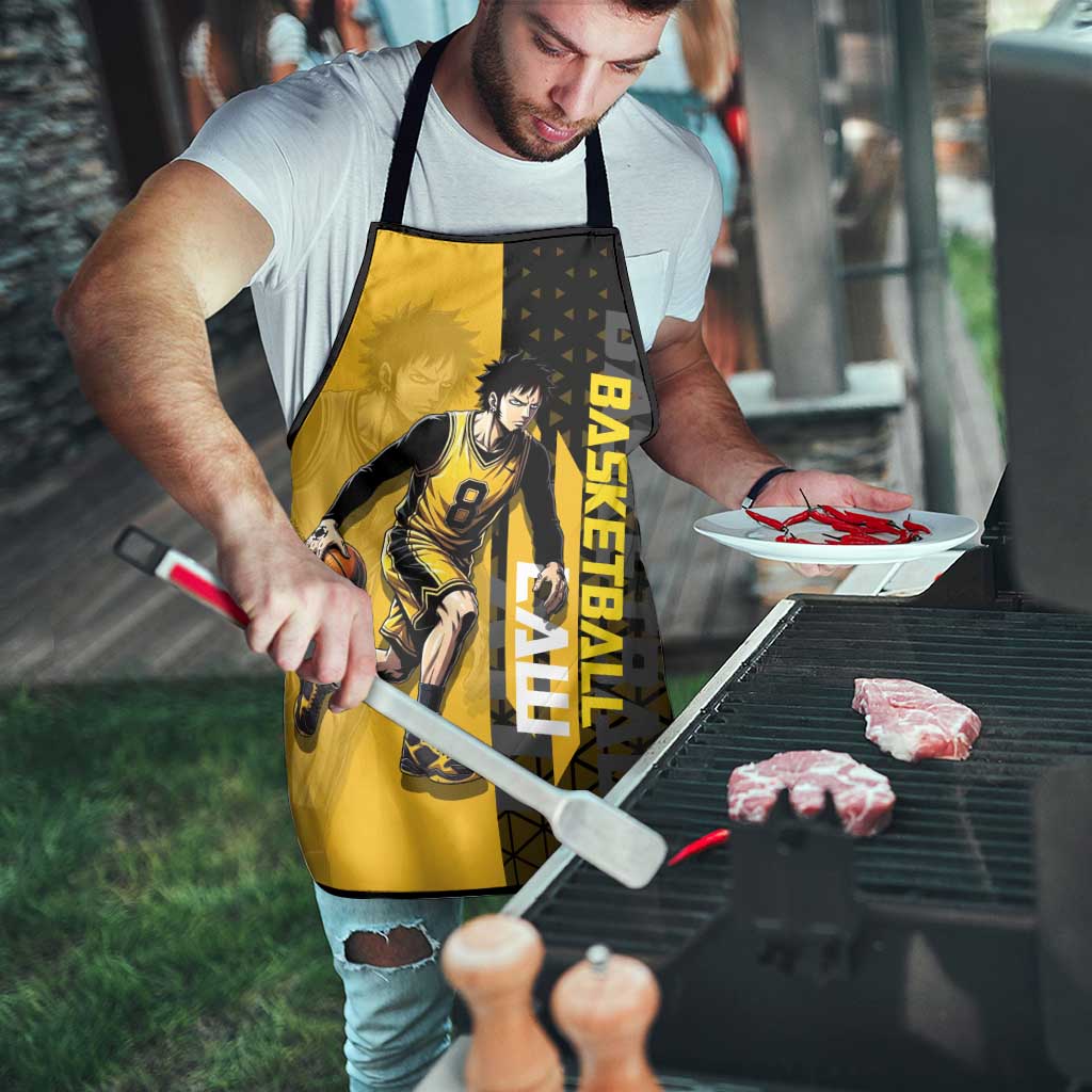 Trafalgar Law One Piece Basketball Theme Yellow and Black Design Apron with Heart Pirates Emblem and Action Pose - The Mazicc