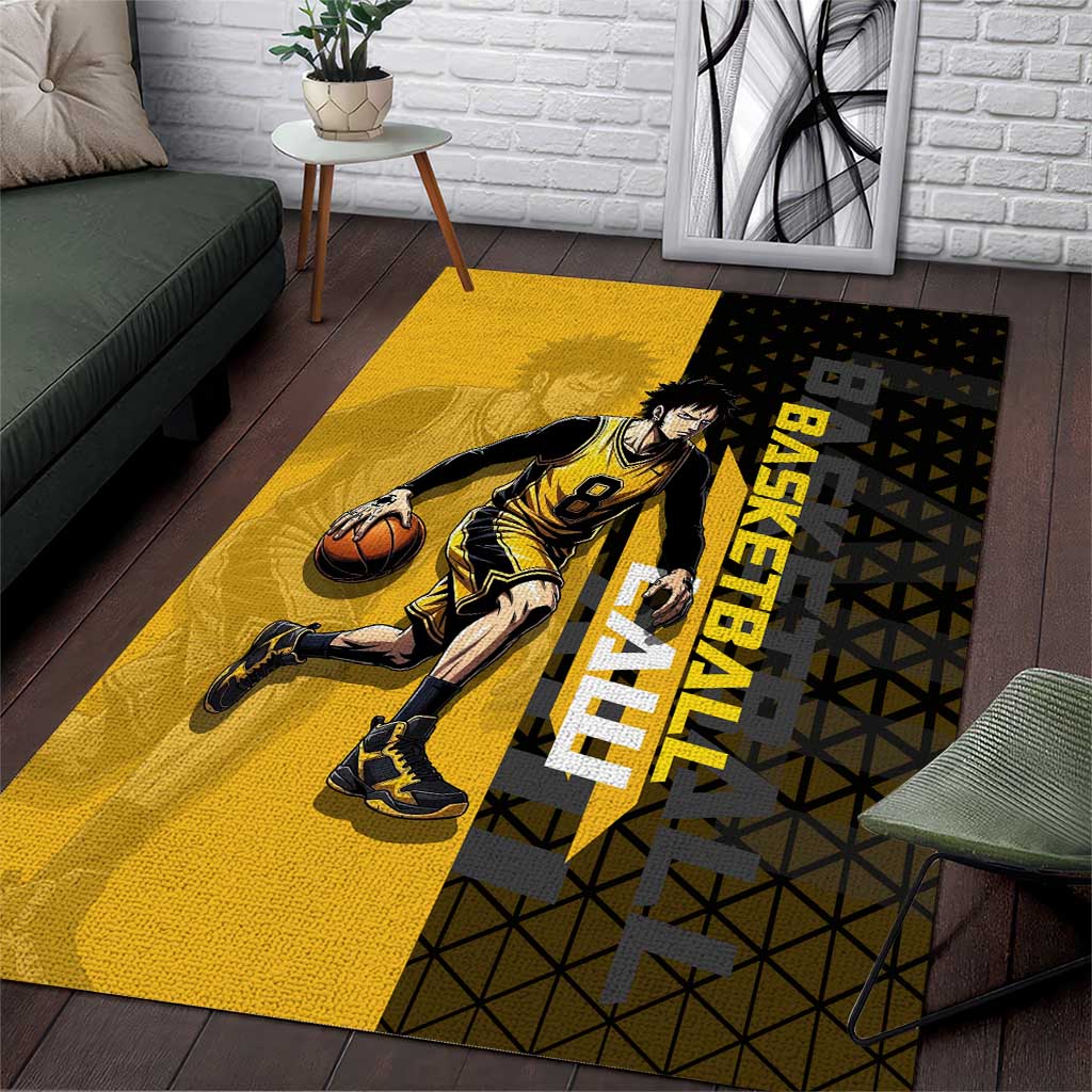 Trafalgar Law One Piece Basketball Theme Yellow and Black Design Area Rug with Heart Pirates Emblem and Action Pose - The Mazicc
