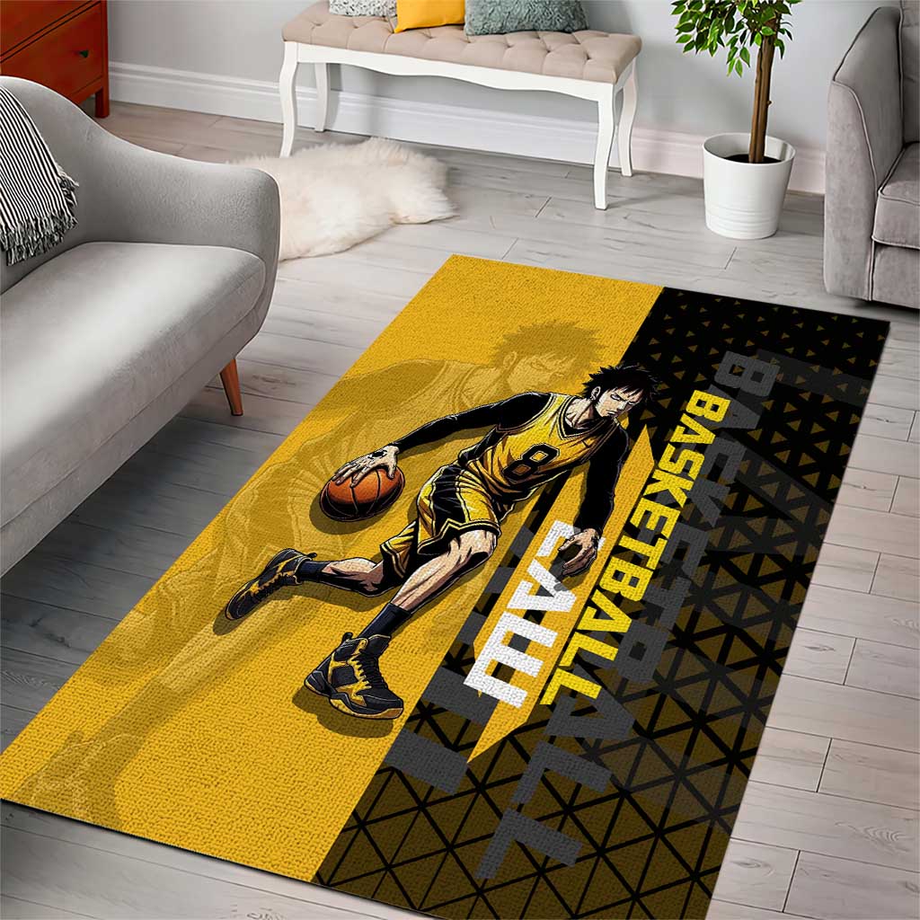 Trafalgar Law One Piece Basketball Theme Yellow and Black Design Area Rug with Heart Pirates Emblem and Action Pose - The Mazicc