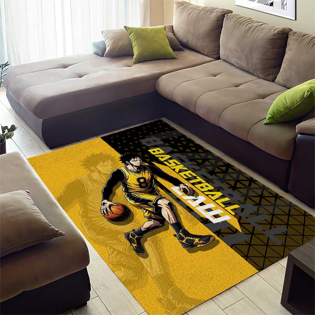 Trafalgar Law One Piece Basketball Theme Yellow and Black Design Area Rug with Heart Pirates Emblem and Action Pose - The Mazicc