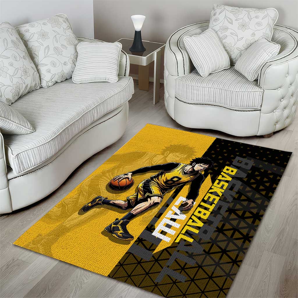 Trafalgar Law One Piece Basketball Theme Yellow and Black Design Area Rug with Heart Pirates Emblem and Action Pose - The Mazicc