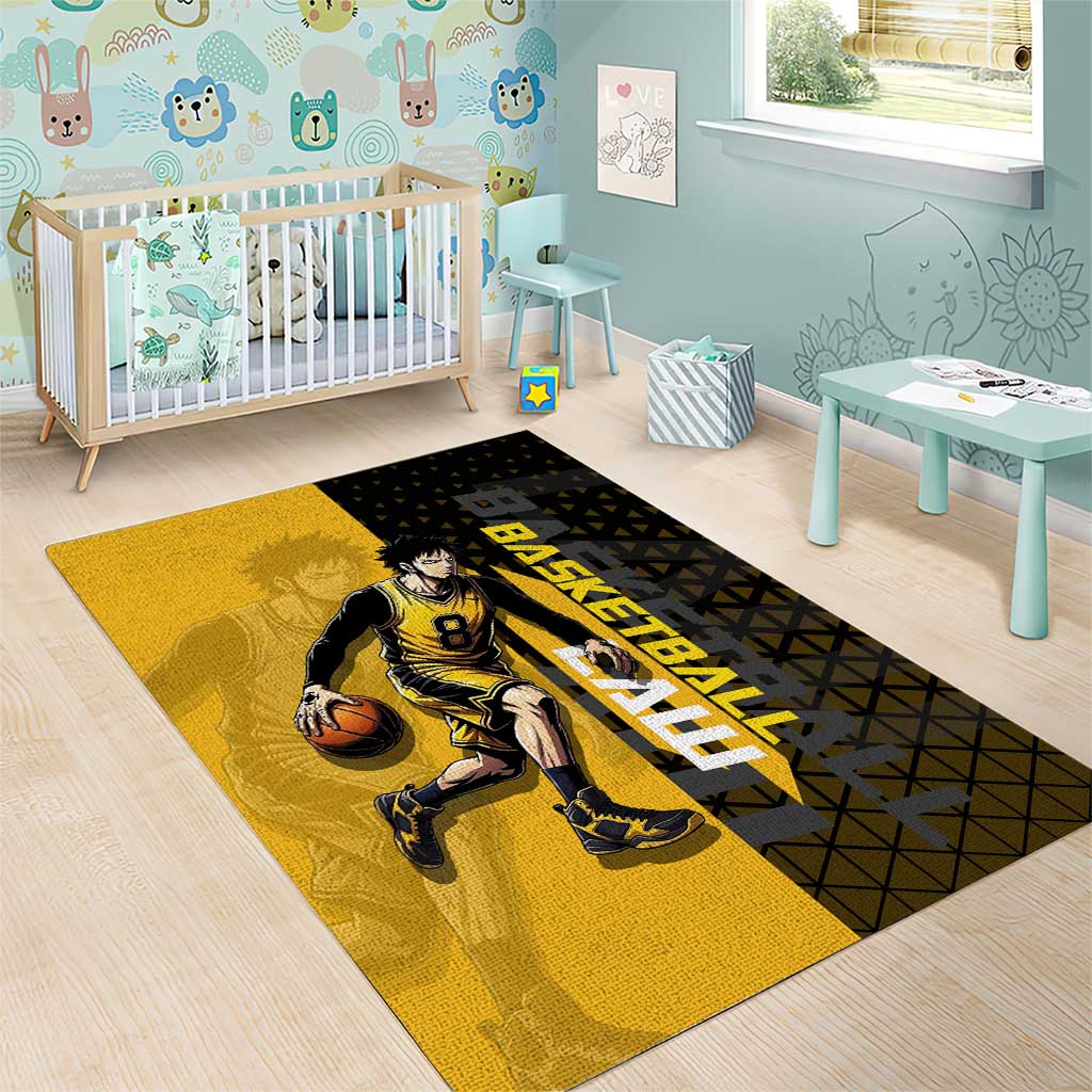 Trafalgar Law One Piece Basketball Theme Yellow and Black Design Area Rug with Heart Pirates Emblem and Action Pose - The Mazicc
