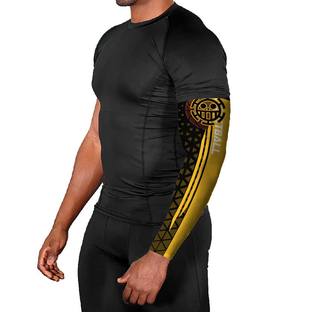 Trafalgar Law One Piece Basketball Theme Yellow and Black Design Arm Sleeves with Heart Pirates Emblem and Action Pose - The Mazicc