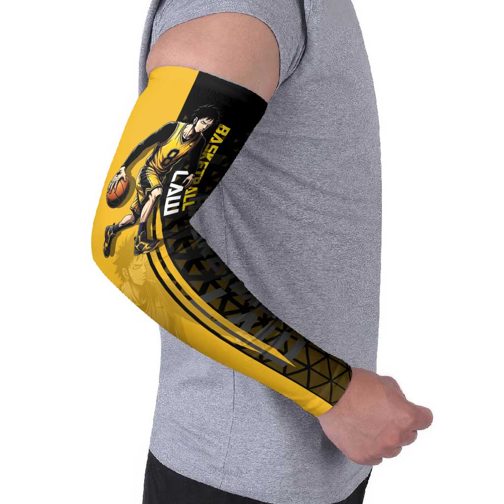 Trafalgar Law One Piece Basketball Theme Yellow and Black Design Arm Sleeves with Heart Pirates Emblem and Action Pose - The Mazicc