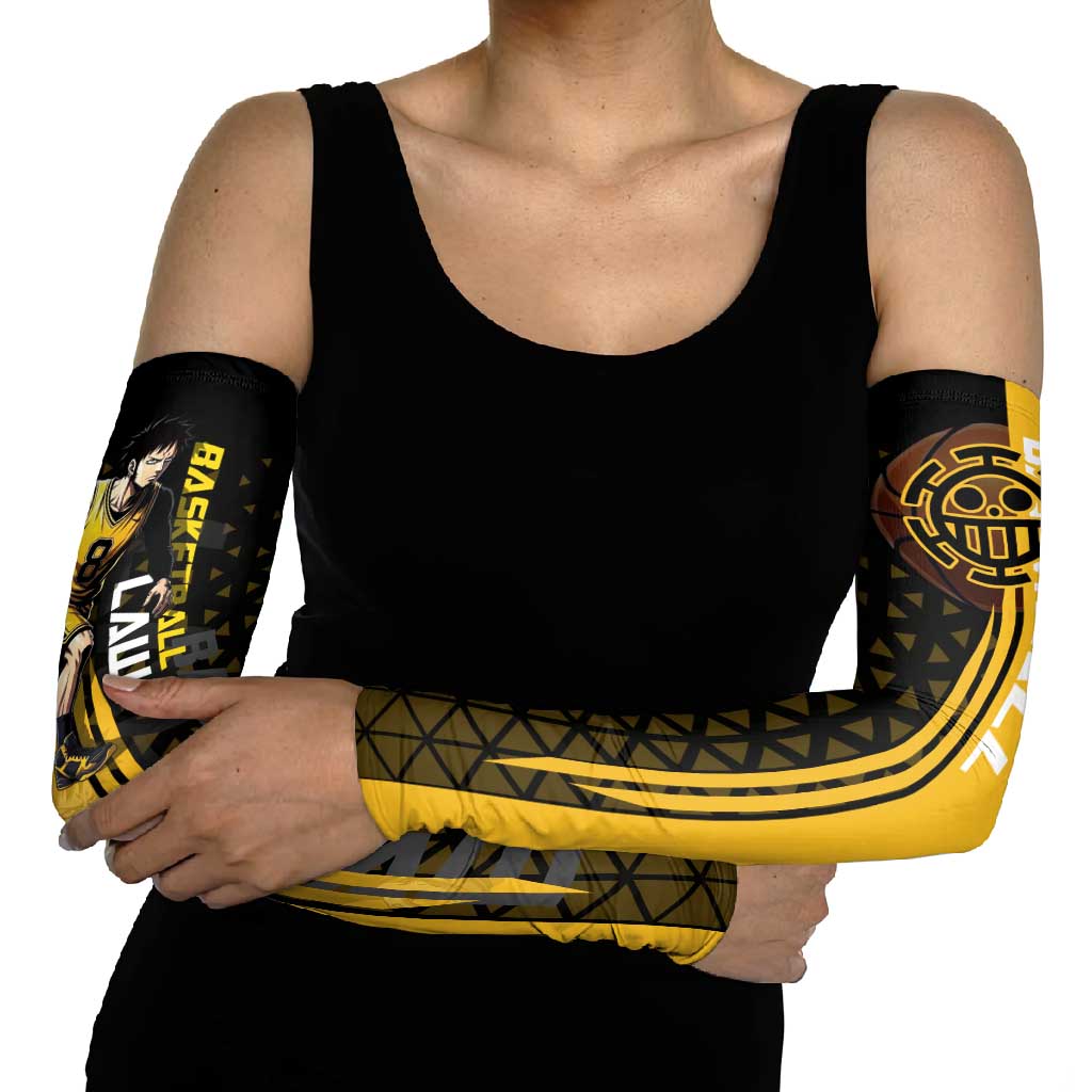 Trafalgar Law One Piece Basketball Theme Yellow and Black Design Arm Sleeves with Heart Pirates Emblem and Action Pose - The Mazicc