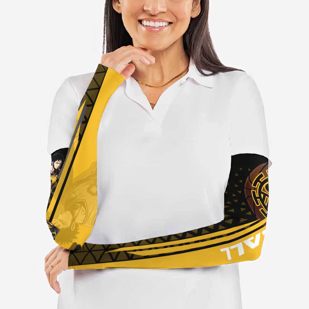 Trafalgar Law One Piece Basketball Theme Yellow and Black Design Arm Sleeves with Heart Pirates Emblem and Action Pose - The Mazicc