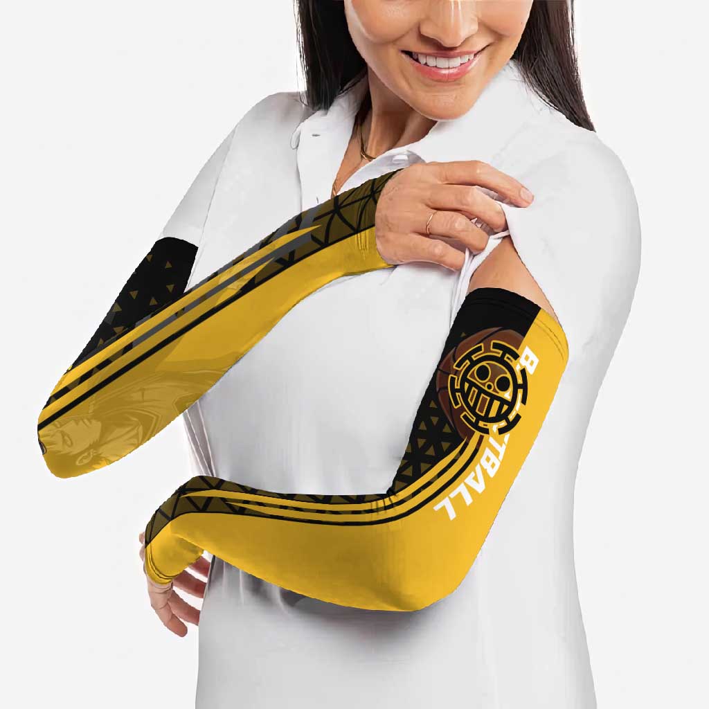 Trafalgar Law One Piece Basketball Theme Yellow and Black Design Arm Sleeves with Heart Pirates Emblem and Action Pose - The Mazicc