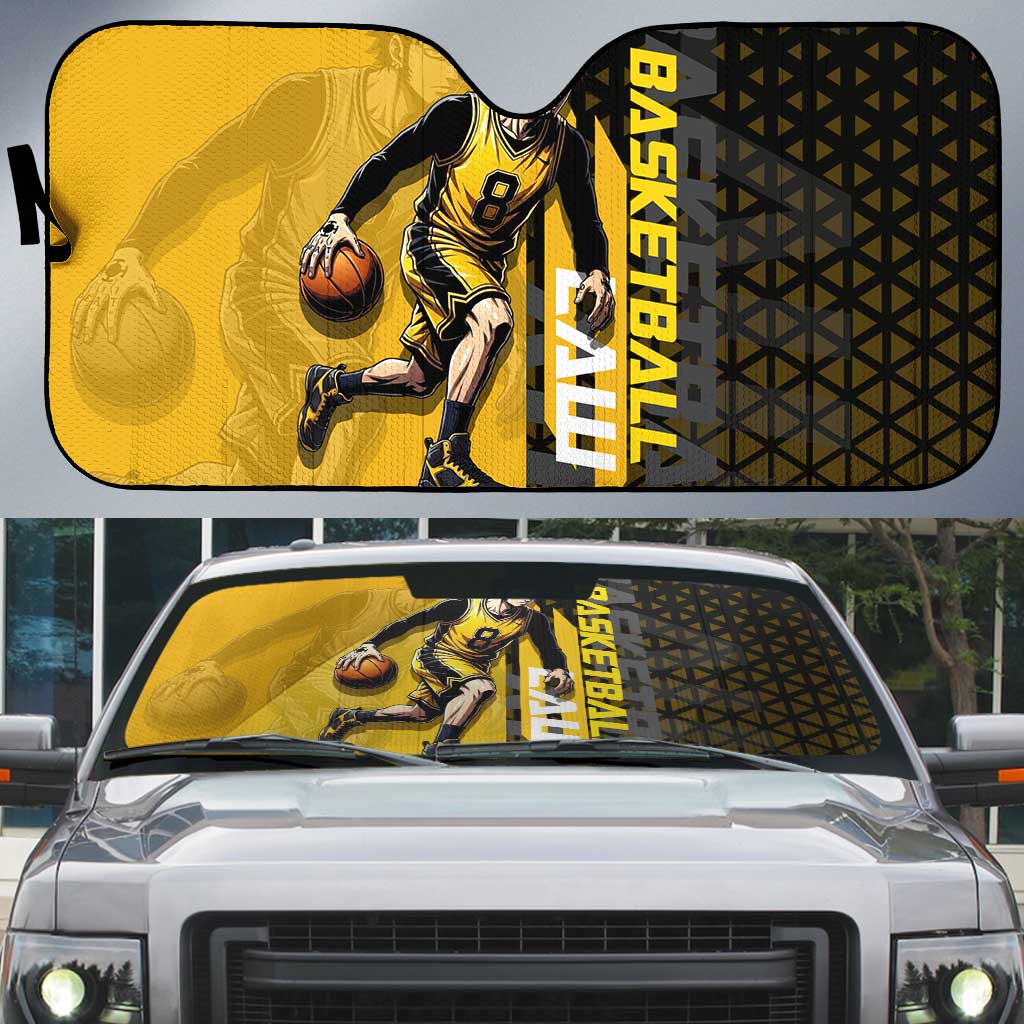 Trafalgar Law One Piece Basketball Theme Yellow and Black Design Auto Sun Shade with Heart Pirates Emblem and Action Pose - The Mazicc