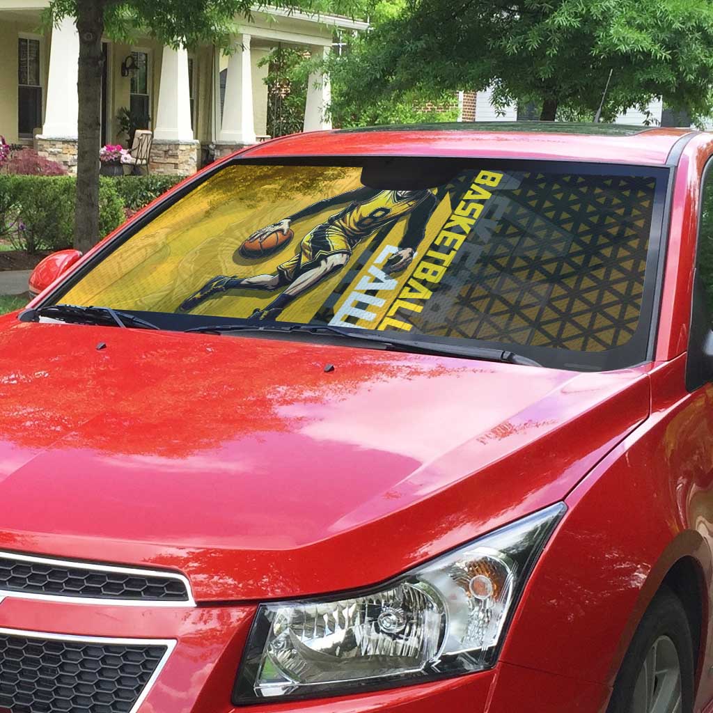 Trafalgar Law One Piece Basketball Theme Yellow and Black Design Auto Sun Shade with Heart Pirates Emblem and Action Pose - The Mazicc