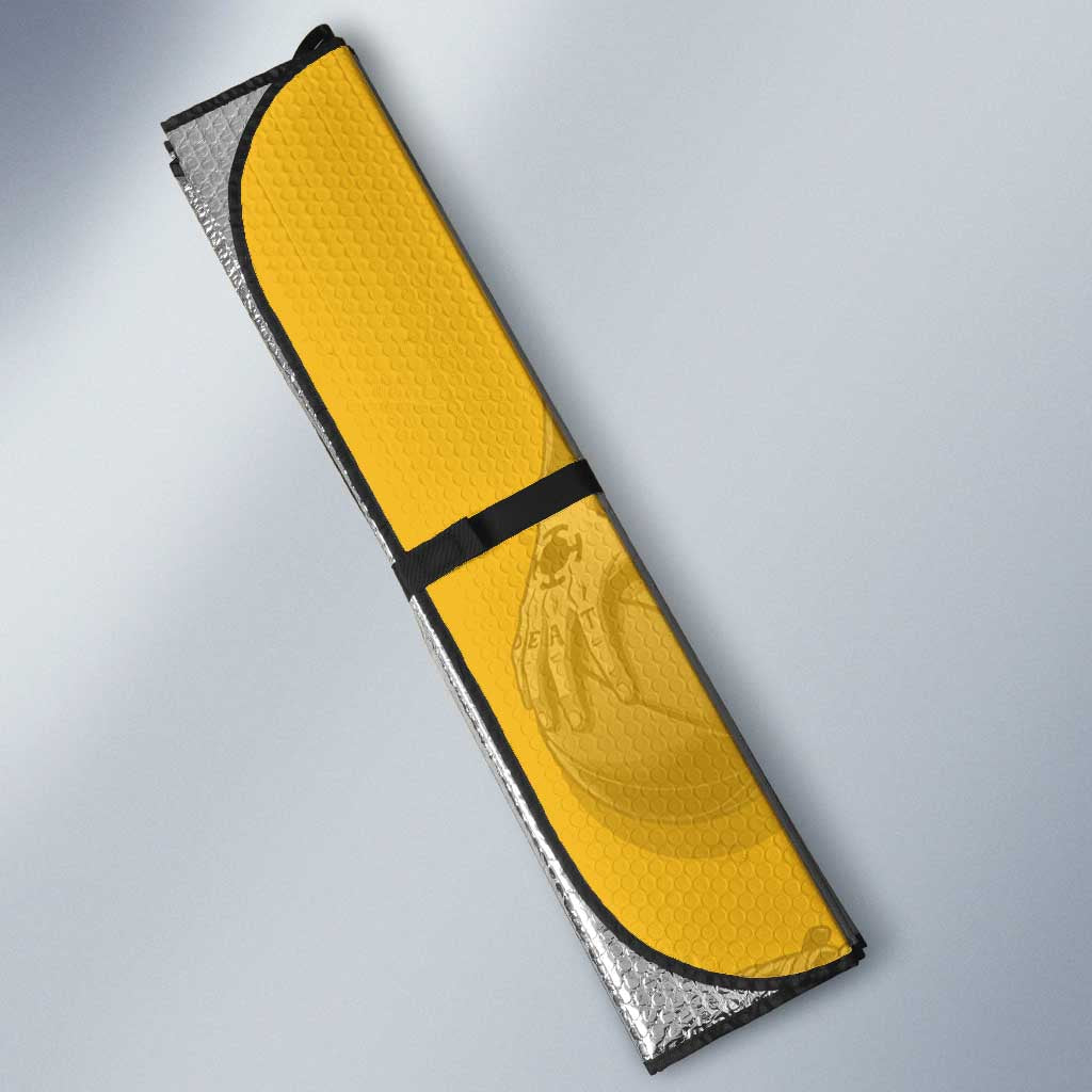 Trafalgar Law One Piece Basketball Theme Yellow and Black Design Auto Sun Shade with Heart Pirates Emblem and Action Pose - The Mazicc