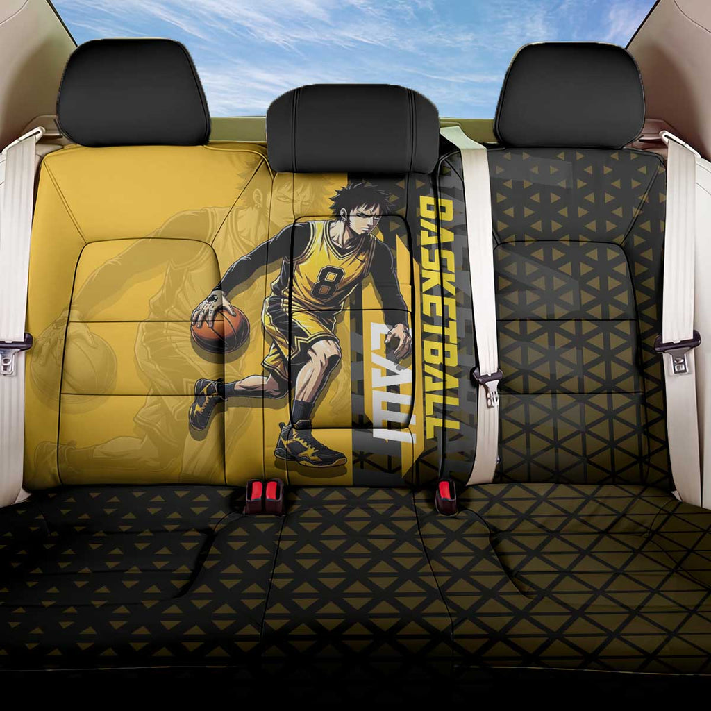 Trafalgar Law One Piece Basketball Theme Yellow and Black Design Back Car Seat Cover with Heart Pirates Emblem and Action Pose - The Mazicc
