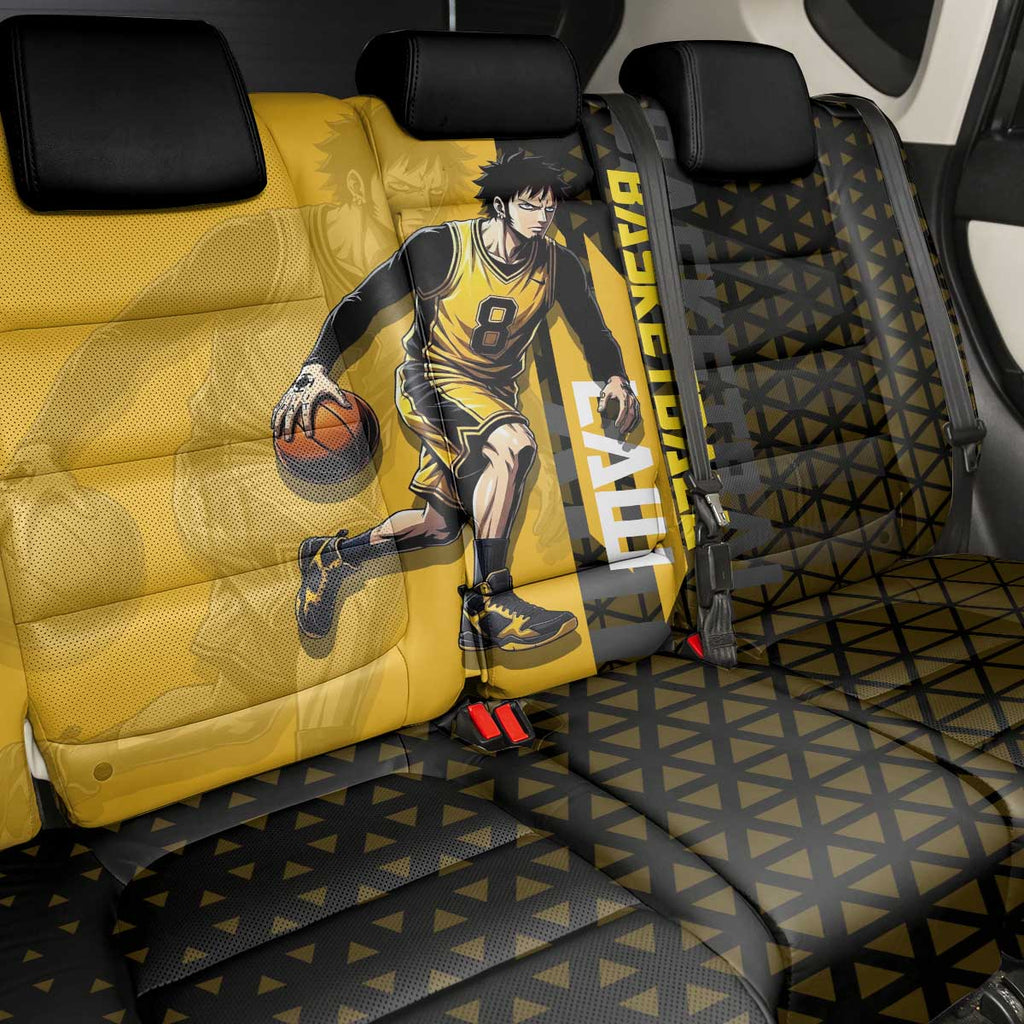 Trafalgar Law One Piece Basketball Theme Yellow and Black Design Back Car Seat Cover with Heart Pirates Emblem and Action Pose - The Mazicc