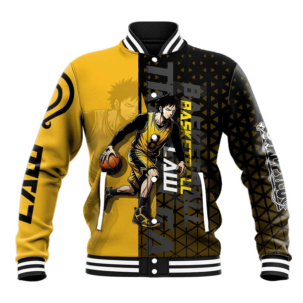 Trafalgar Law One Piece Basketball Theme Yellow and Black Design Baseball Jacket with Heart Pirates Emblem and Action Pose - The Mazicc