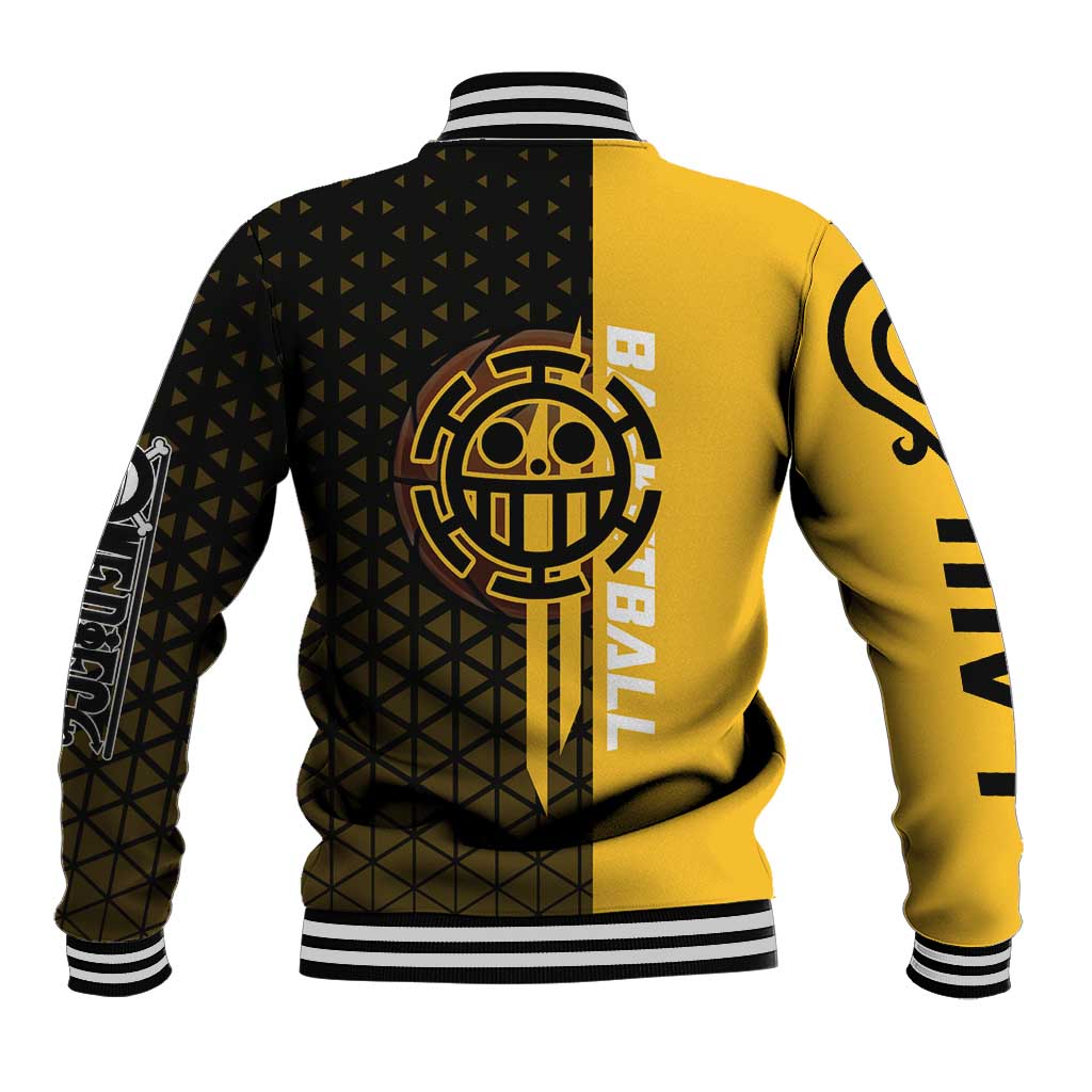 Trafalgar Law One Piece Basketball Theme Yellow and Black Design Baseball Jacket with Heart Pirates Emblem and Action Pose - The Mazicc