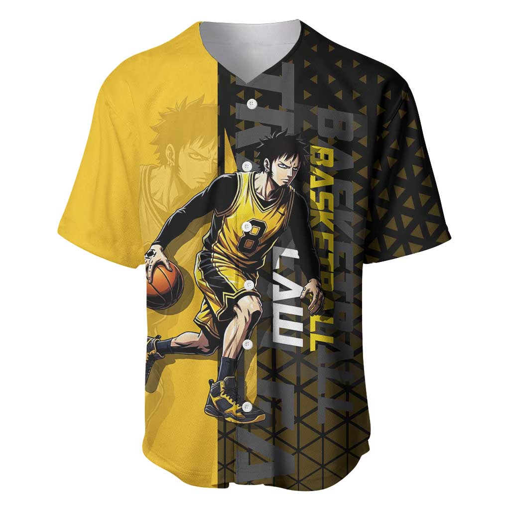 Trafalgar Law One Piece Basketball Theme Yellow and Black Design Baseball Jersey with Heart Pirates Emblem and Action Pose - The Mazicc