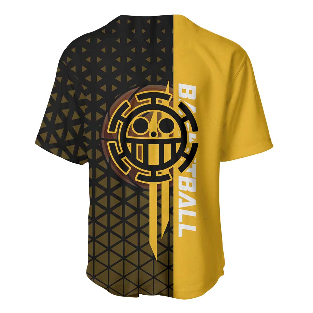 Trafalgar Law One Piece Basketball Theme Yellow and Black Design Baseball Jersey with Heart Pirates Emblem and Action Pose - The Mazicc