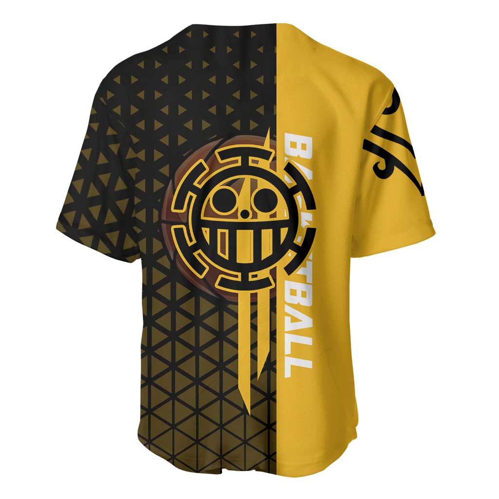 Trafalgar Law One Piece Basketball Theme Yellow and Black Design Baseball Jersey with Heart Pirates Emblem and Action Pose - The Mazicc