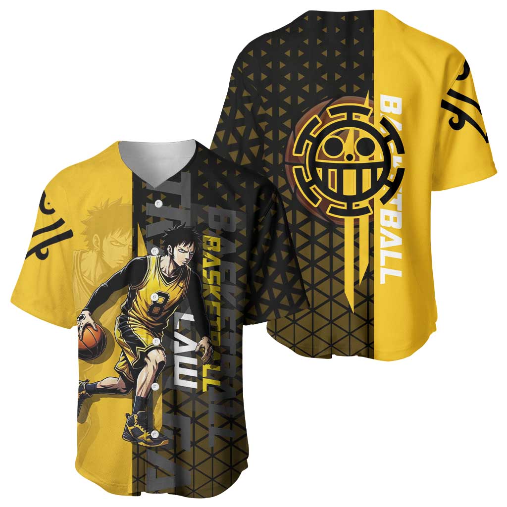 Trafalgar Law One Piece Basketball Theme Yellow and Black Design Baseball Jersey with Heart Pirates Emblem and Action Pose - The Mazicc