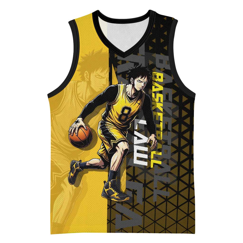 Trafalgar Law One Piece Basketball Theme Yellow and Black Design Basketball Jersey with Heart Pirates Emblem and Action Pose - The Mazicc