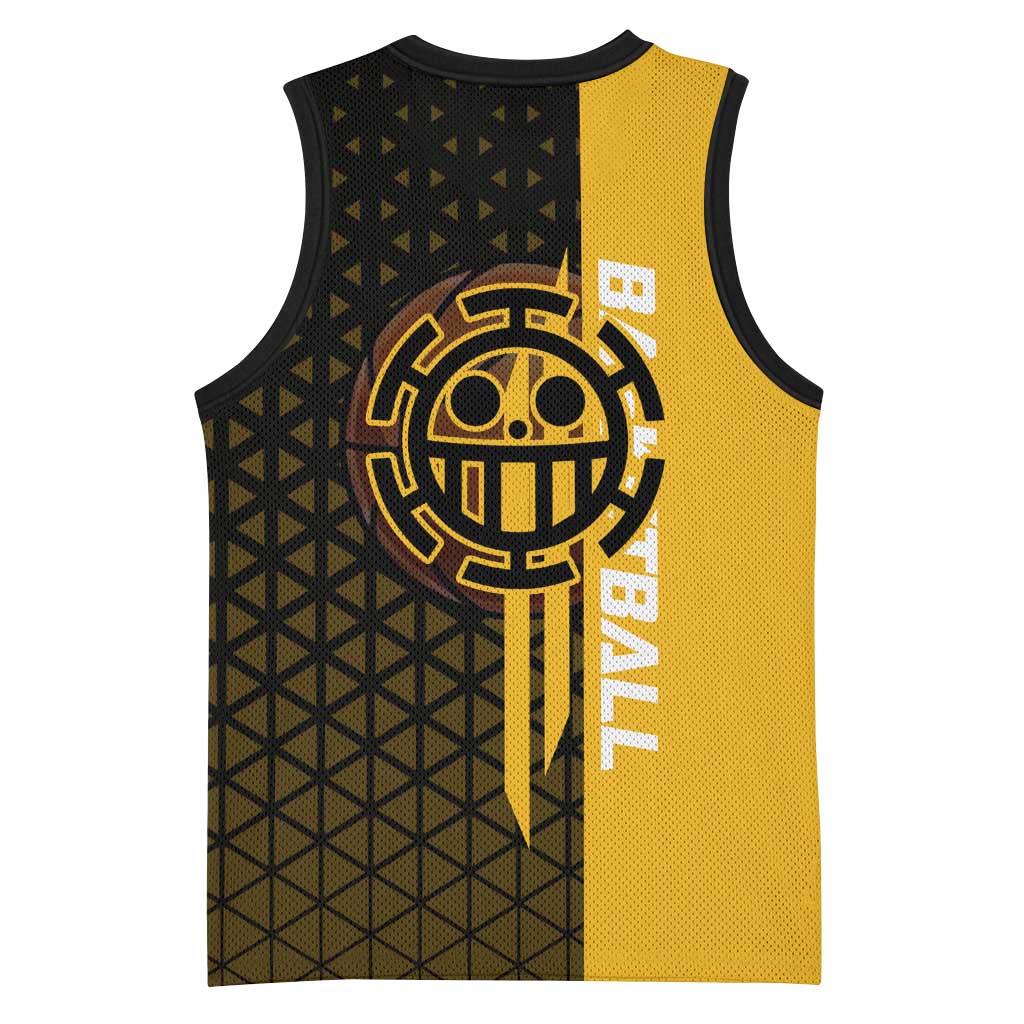 Trafalgar Law One Piece Basketball Theme Yellow and Black Design Basketball Jersey with Heart Pirates Emblem and Action Pose - The Mazicc