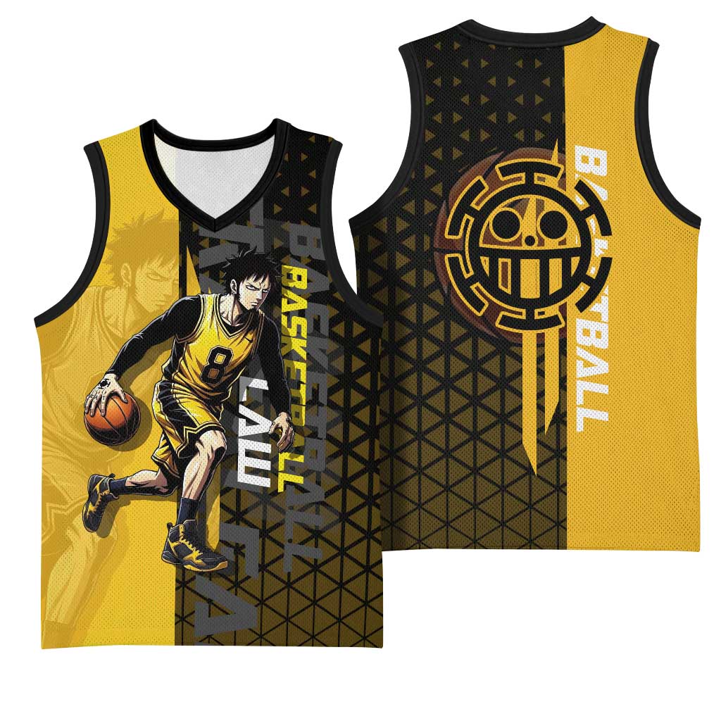 Trafalgar Law One Piece Basketball Theme Yellow and Black Design Basketball Jersey with Heart Pirates Emblem and Action Pose - The Mazicc