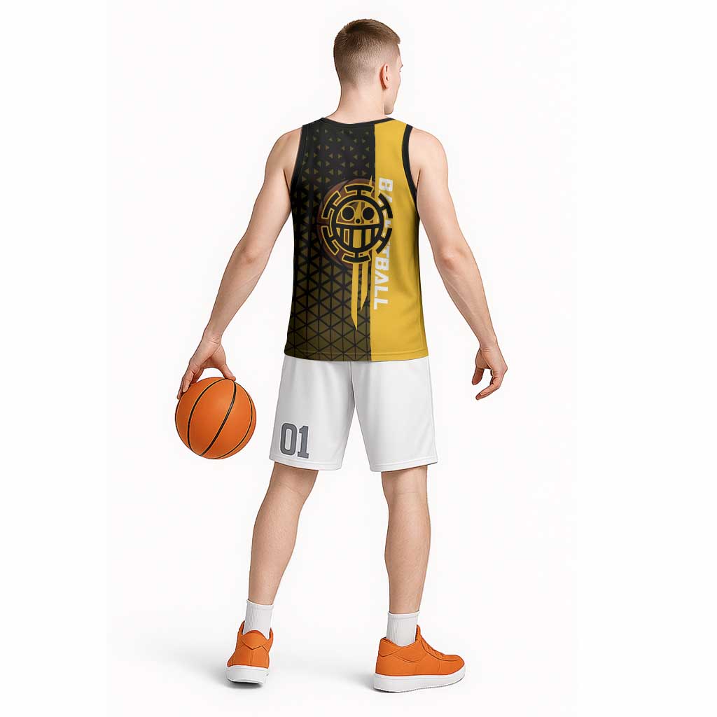 Trafalgar Law One Piece Basketball Theme Yellow and Black Design Basketball Jersey with Heart Pirates Emblem and Action Pose - The Mazicc